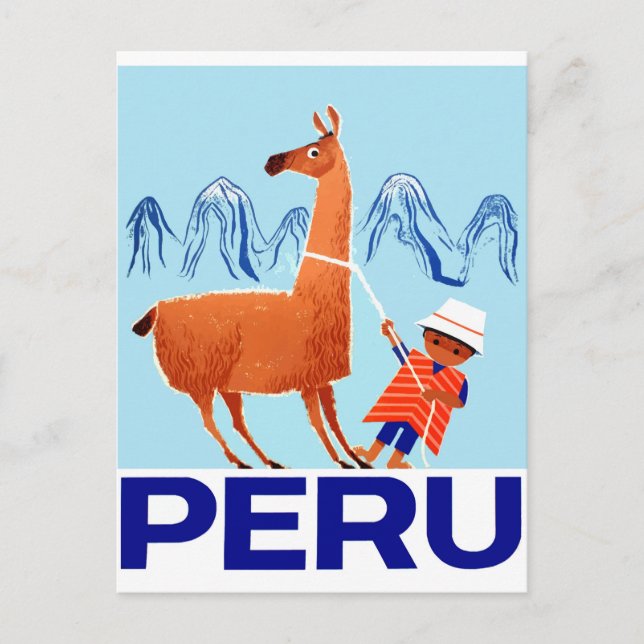 Vintages Kind- und Lama-Peru-Reiseplakat Postkarte (Vorderseite)