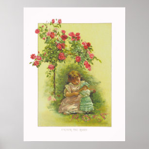 Vintages Kind und Puppe unter Rose Farbe Poster