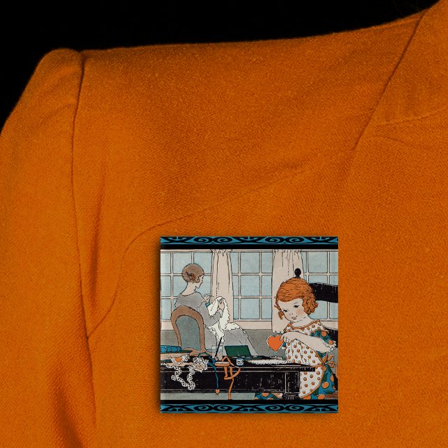 Vintages Kind Valentine Button (Vintage girl making valentines for Mother in chair sewing by window on square pin back button.)