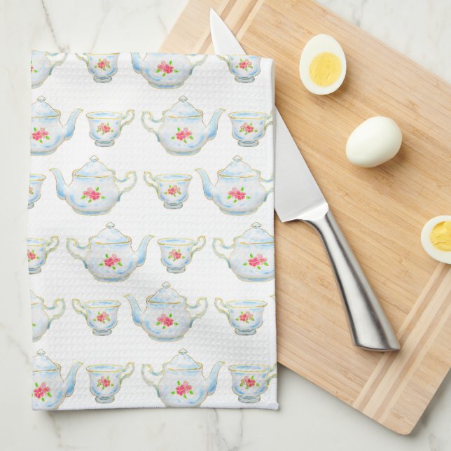 Vintages Kitsch Teekessel- und Teekopfmuster Geschirrtuch (Viertel Falte)