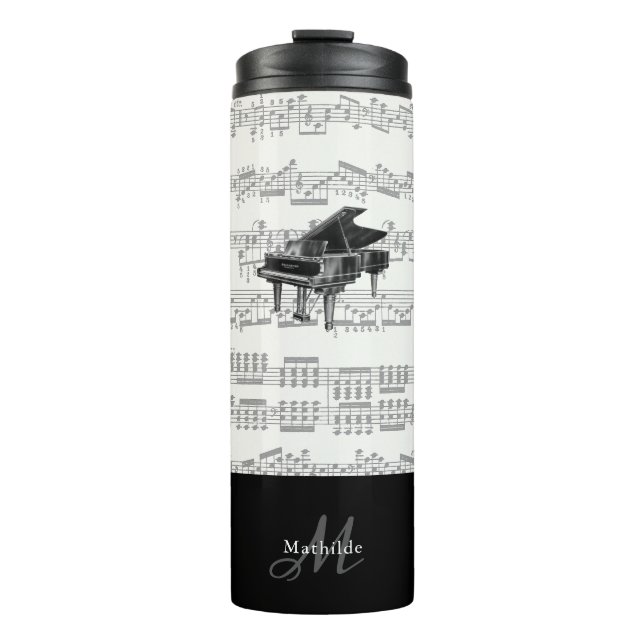 Vintages Klavier mit Notenschrift Monogram Black Thermosbecher (Vorderseite)