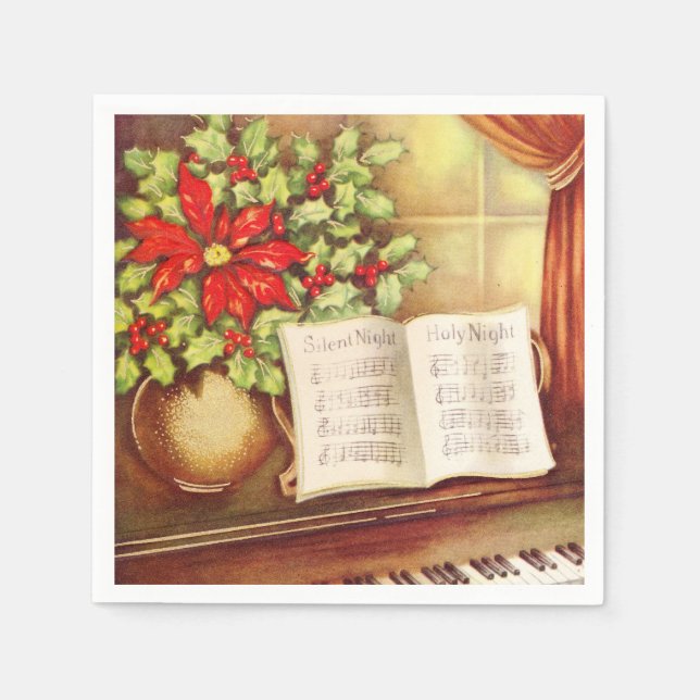 Vintages Klavier, Stille Nacht Pointsettia Weihnac Serviette (Vorderseite)