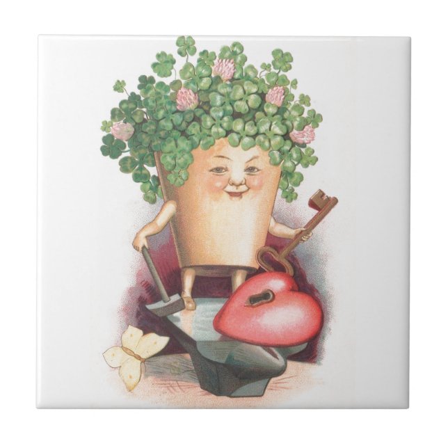 Vintages Kleeblatt Herz und St. Patrick's Day Fliese (Vorderseite)