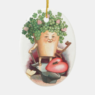 Vintages Kleeblatt Herz und St. Patrick's Day Keramik Ornament