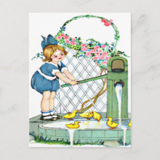 Vintages kleines Mädchen, gelbe Küken, Enten Postkarte