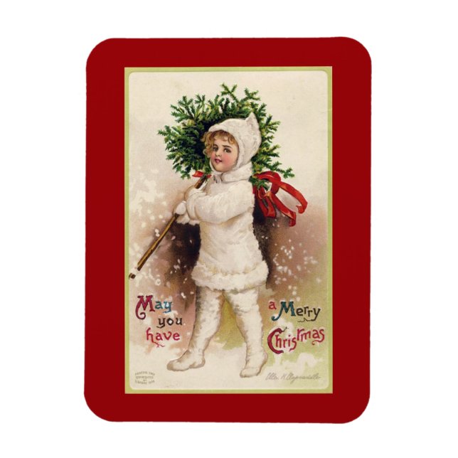 VINTAGES "KLEINES MÄDCHEN MIT BAUM" CHRISTMAS MAGN MAGNET (Vertikal)