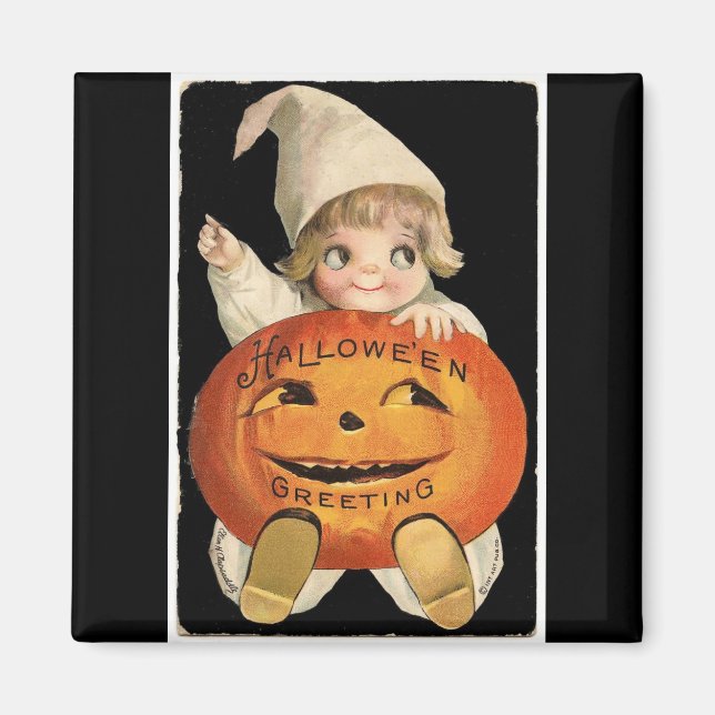 Vintages kleines Mädchen mit großem Halloween-Kürb Magnet (Vorne)