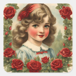 Vintages kleines Mädchen mit Rose Quadratischer Aufkleber