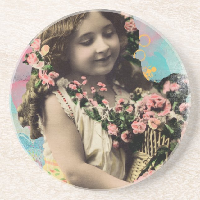 Vintages kleines Mädchen und Blume Sandstein Untersetzer (Vorne)