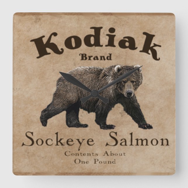 Vintages Kodiak-Lachs-Etikett (Bären) Quadratische Wanduhr (Vorderseite)