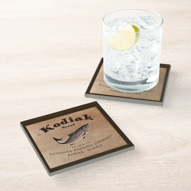 Vintages Kodiak-Lachs-Label Glasuntersetzer (Schrägansicht)