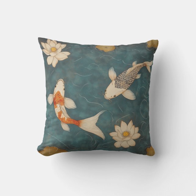 Vintages Koi-Teigkissen mit Lotus-Blume Kissen (Vorderseite)