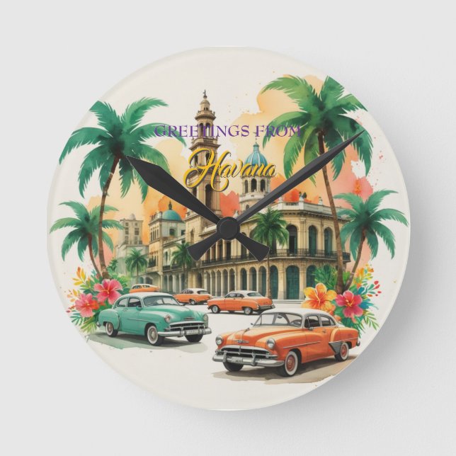 Vintages Kuba - Gruß aus Havanna Runde Wanduhr (Vorderseite)