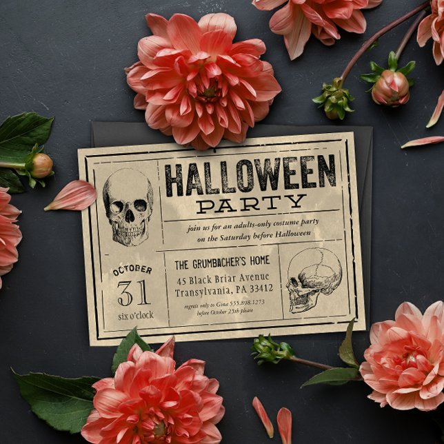 Vintages Label Halloween-Party Einladung Skulpture (halloween party invitation looks like old poison label with stained ecru paper and two skull design)
