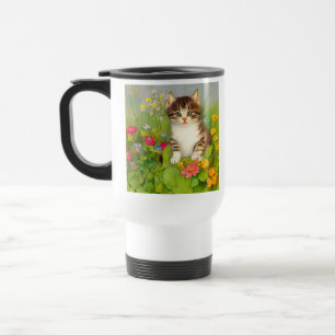 Vintages Lächeln Katze Illustration Reisebecher