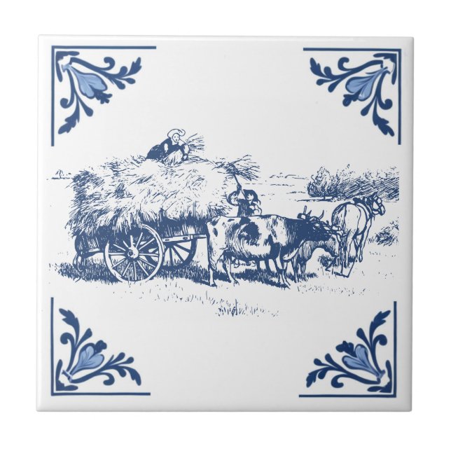 Vintages Land Loading Hay Delft Blau & Weiß Fliese (Vorderseite)