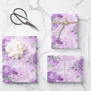 Vintages Lavendel-Silberblumen-Damaskatmuster Geschenkpapier Set
