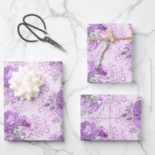 Vintages Lavendel-Silberblumen-Damaskatmuster Geschenkpapier Set (Vorderseite)