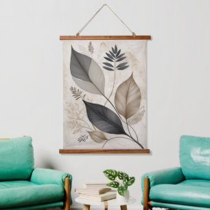 Vintages Leaf und Blume neutrale botanische Skizze Wandteppich Mit Holzrahmen