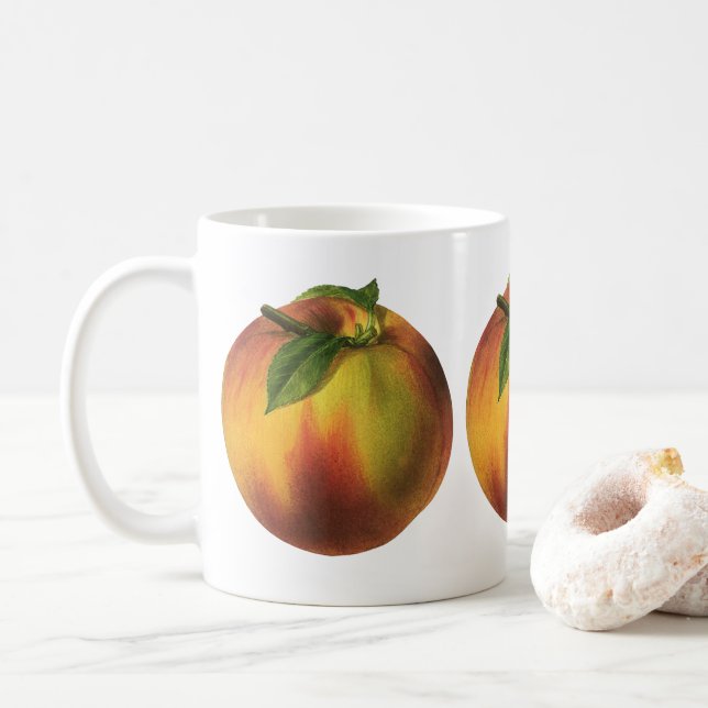Vintages Lebensmittelobst, reife Bio Pfirsich mit  Kaffeetasse (Mit Donut)