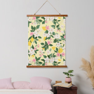 Vintages Lemon & Blossom-Muster auf Gelb Wandteppich Mit Holzrahmen