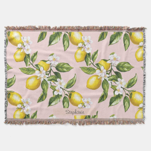 Vintages Lemon & Blossom-Muster auf rosa (2) Decke (Vorderseite)