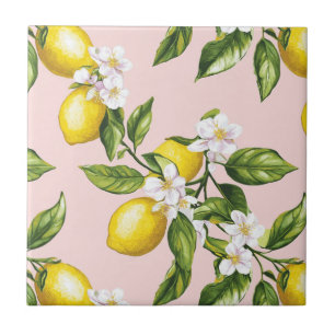 Vintages Lemon & Blossom-Muster auf rosa (2) Fliese