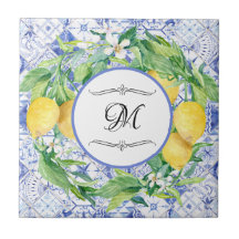 Vintages Lemon Floral Wreath Blue White w Monogram