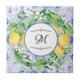 Vintages Lemon Floral Wreath Blue White w Monogram Fliese