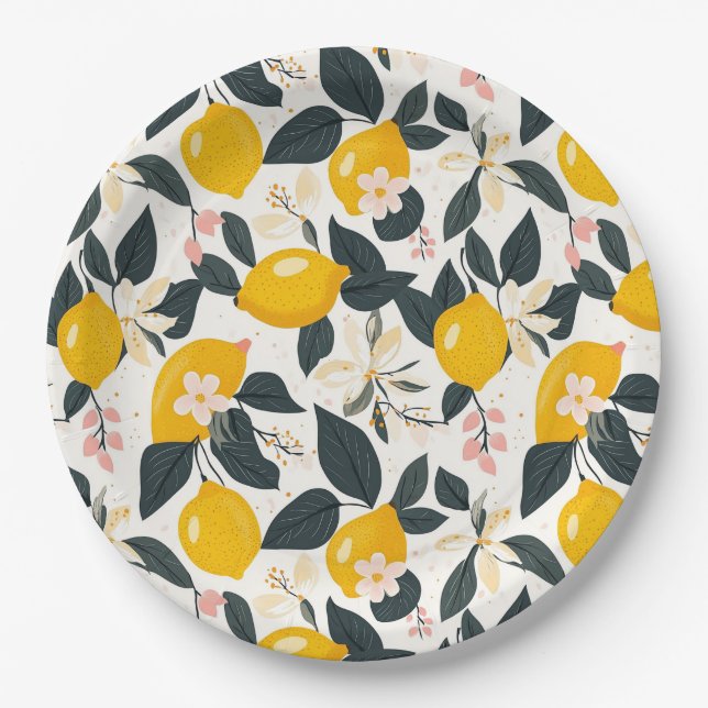 Vintages Lemon- und rosa Blossom-Muster Pappteller (Vorderseite)