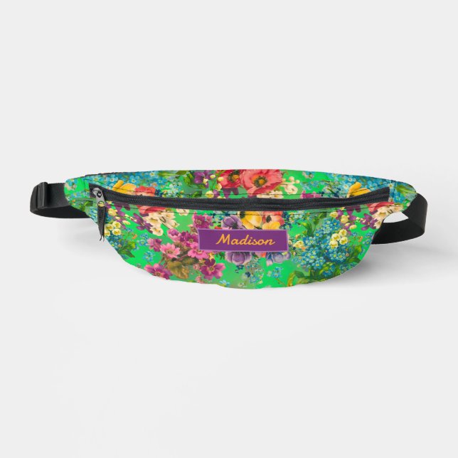 Vintages lila Blumenmuster Monogramm Bauchtasche (Vorderseite)