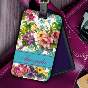 Vintages lila Blumenweißmuster Monogramm Gepäckanhänger
