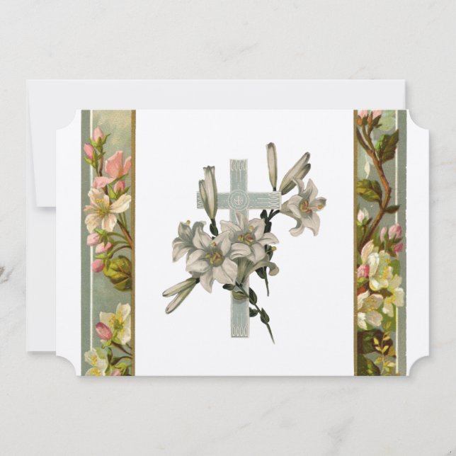 Vintages Lilien-Kreuz-christliche Einladung (Vorderseite)