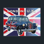 Vintages Londoner Schwarztaxi Postkarte<br><div class="desc">Diese individuell gestaltbare Postkarte weist eines der bekanntesten Symbole Londons auf: das Vintage schwarze Taxi mit der Union Jack im Hintergrund. Personalisieren Sie es heute mit jedem Text,  den Sie mögen und erstellen Sie sofort ein einzigartiges Souvenir.</div>