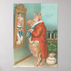 Vintages lustiges Geld-Schwein Poster