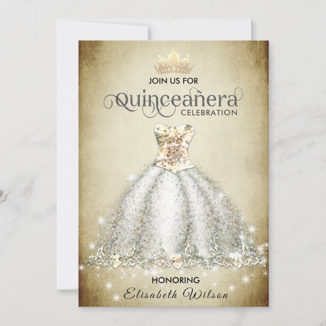 Vintages Luxus-funkelndes Kleid tiara Quinceañera Einladung (Vorderseite)