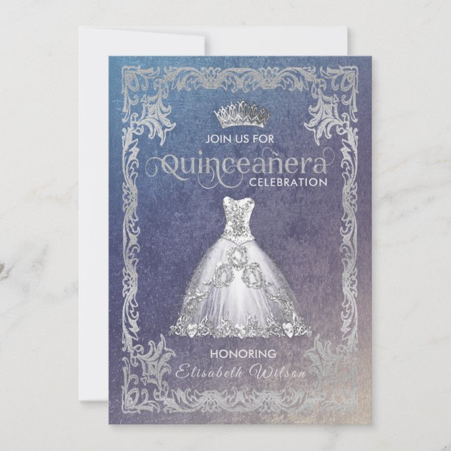 Vintages Luxus-funkelndes Kleid tiara Quinceañera Einladung (Vorderseite)