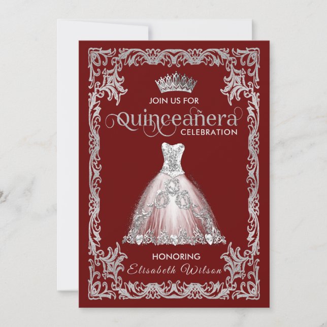 Vintages Luxus-funkelndes Kleid tiara Quinceañera Einladung (Vorderseite)