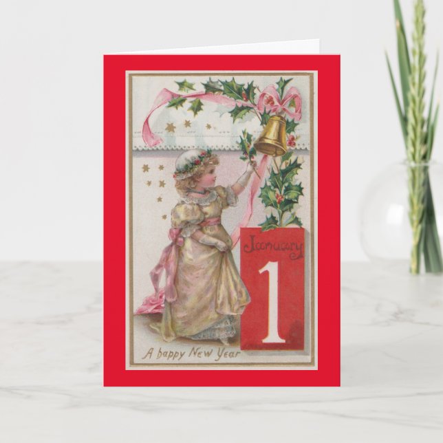 Vintages Mädchen 1. Januar Weihnachtskarte Feiertagskarte (Vorderseite)