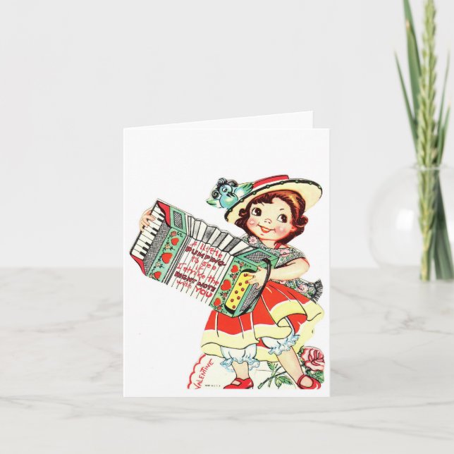 Vintages Mädchen Accordion Valentine Karte (Vorderseite)