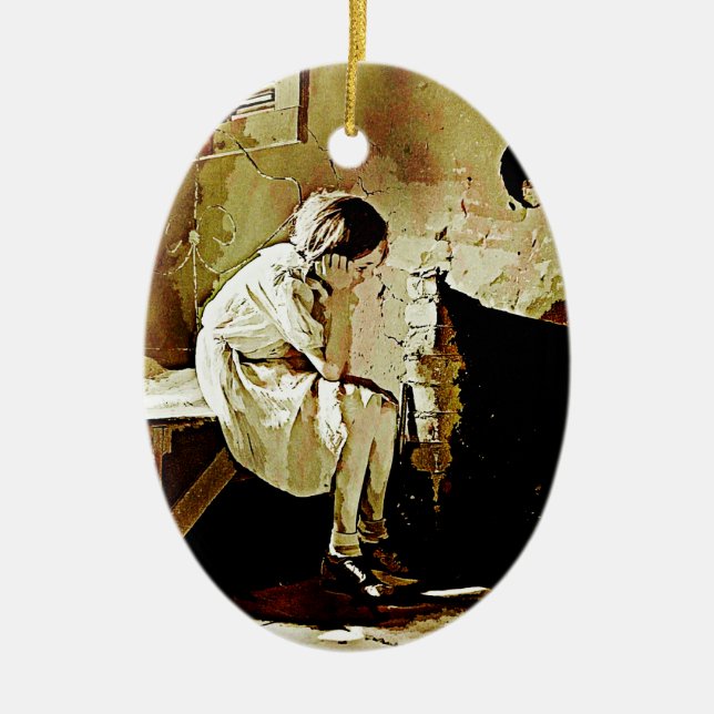 Vintages Mädchen am Feuerplatz Keramik Ornament (Vorne)