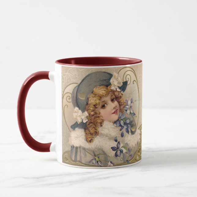 VINTAGES MÄDCHEN, BLUME, VALENTINSTAG, ROTES WAX S TASSE (Links)