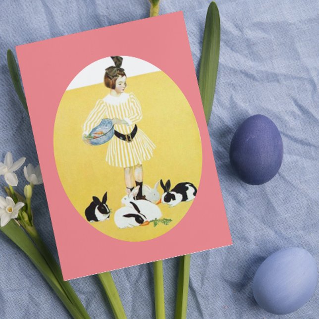 Vintages Mädchen füttre Kaninchen Feiertagskarte (Von Creator hochgeladen)