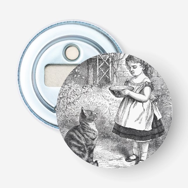 Vintages Mädchen Füttre Katze ein Milchsauger Flaschenöffner (Vorderseite)