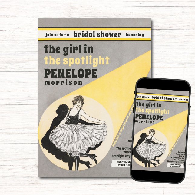 Vintages Mädchen im Spotlight-Brautparty Einladung (Von Creator hochgeladen)
