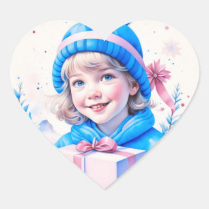 Vintages Mädchen in Blau mit Geschenkboxen Herz-Aufkleber