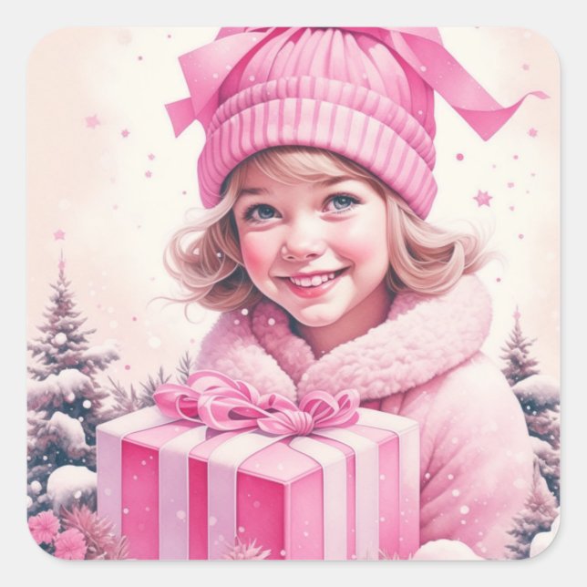 Vintages Mädchen in Rosa mit Geschenkboxen Quadratischer Aufkleber (Vorderseite)