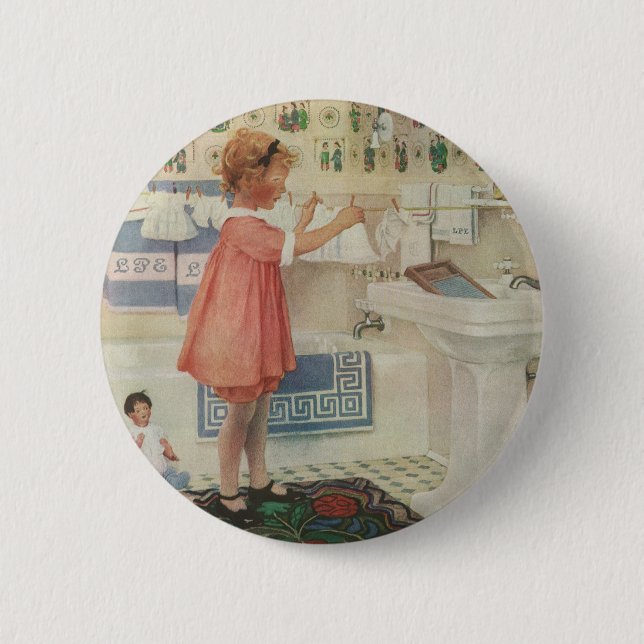 Vintages Mädchen, Kinderwäscherei Hängekleidung Button (Vorderseite)