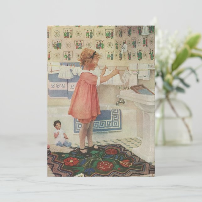 Vintages Mädchen, Kinderwäscherei Hängekleidung Einladung (Stehend Vorderseite)
