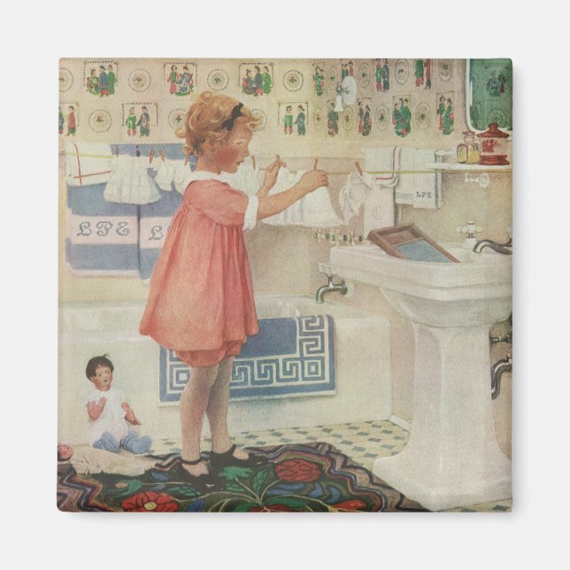 Vintages Mädchen, Kinderwäscherei Hängekleidung Magnet (Vorne)